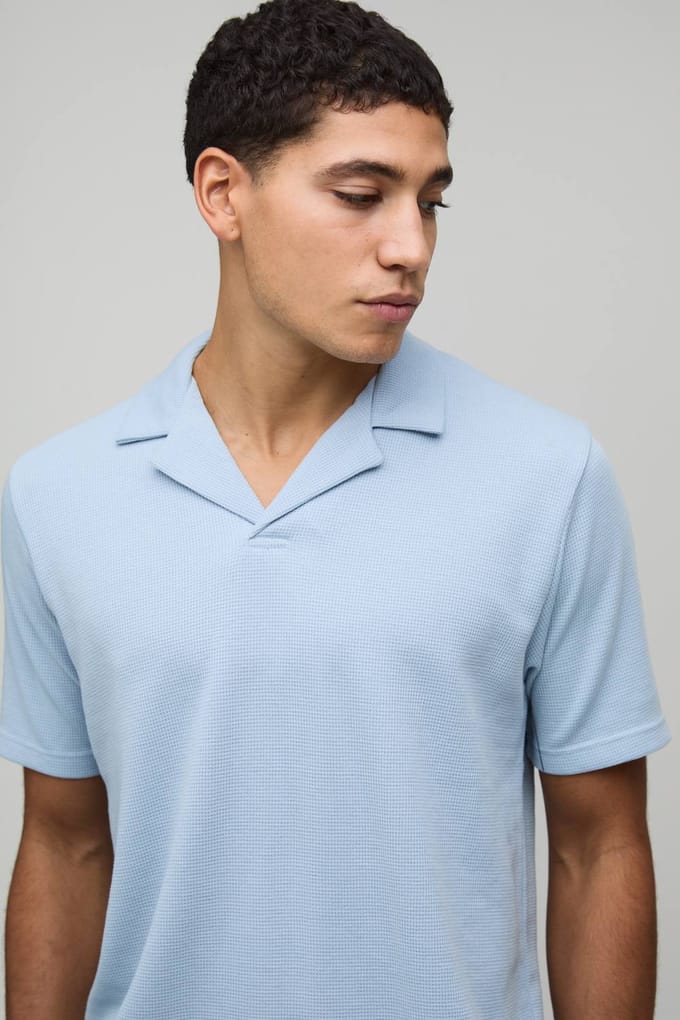 Slim Fit Waffle Revere Polo & Shorts Set | Dusty Blue | Size Large