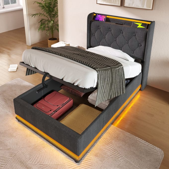 REDOM gestoffeerd bed 90x200 cm – Linnen grijs – 360° LED, hydraulische opbergbox, USB-C – Getuft hoofdeinde