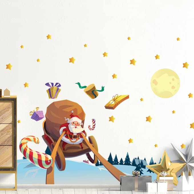 Kerststicker: Kerstman op zoek naar cadeaus - Kerststickers - feestdecoraties - 60x90cm