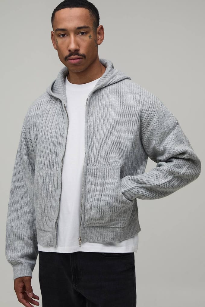 Geribbelde Gebreide Hoodie Met Boxy Pasvorm | Light Grey | Size Medium