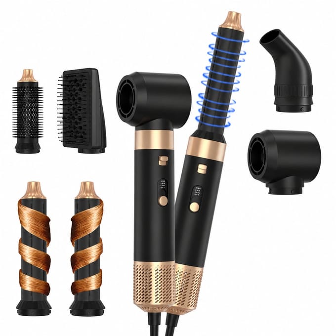 6-in-1 hot air brush - 220V 1000W - cool and hot air with 3 speed settings - non-foldable handle - black and gold