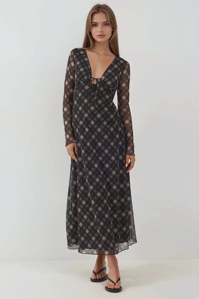 Diepe V-hals Elegante Midi Ruit Bodycon Jurk