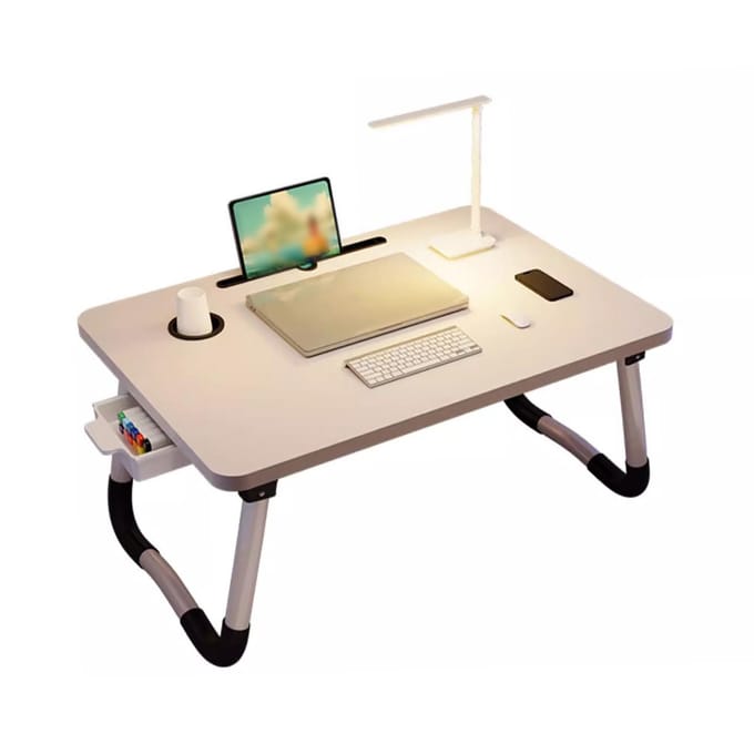 Laptop Bed Bureau Opvouwbaar Draagbaar Bedtafel Dienblad Standaard met Bekerhouder Lade voor Bank Vloer beige