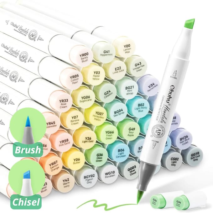Ohuhu - Honolulu Brush & Chisel - Alcohol Art Markers - 48 Pastel kleuren - Blossoming
