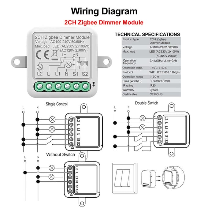 Zigbee – Module de commutation variateur pour rideau, télécommande avec application, fonctionne avec Alexa Google Home, 2 gangs 1CH Dimmer Module blanc