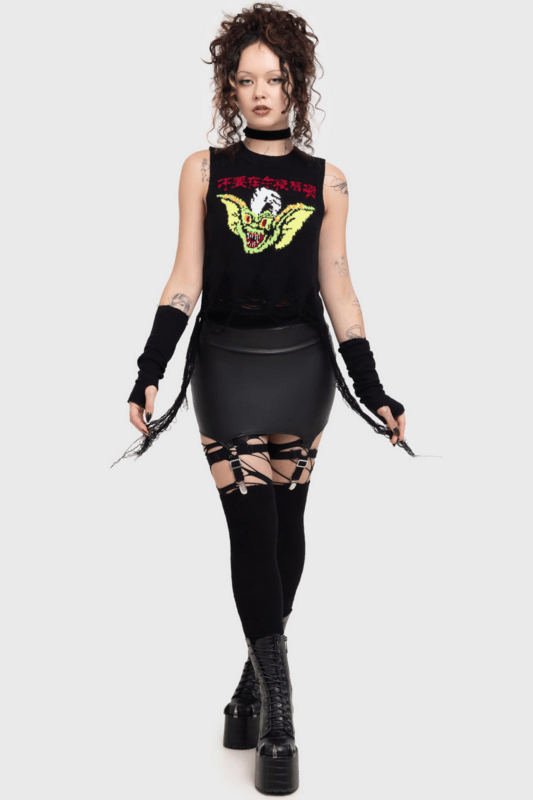 Killstar - Gothic Top - Gremlins - Stripe Distressed Knit Vest - S tot L - voor Vrouwen - zwart