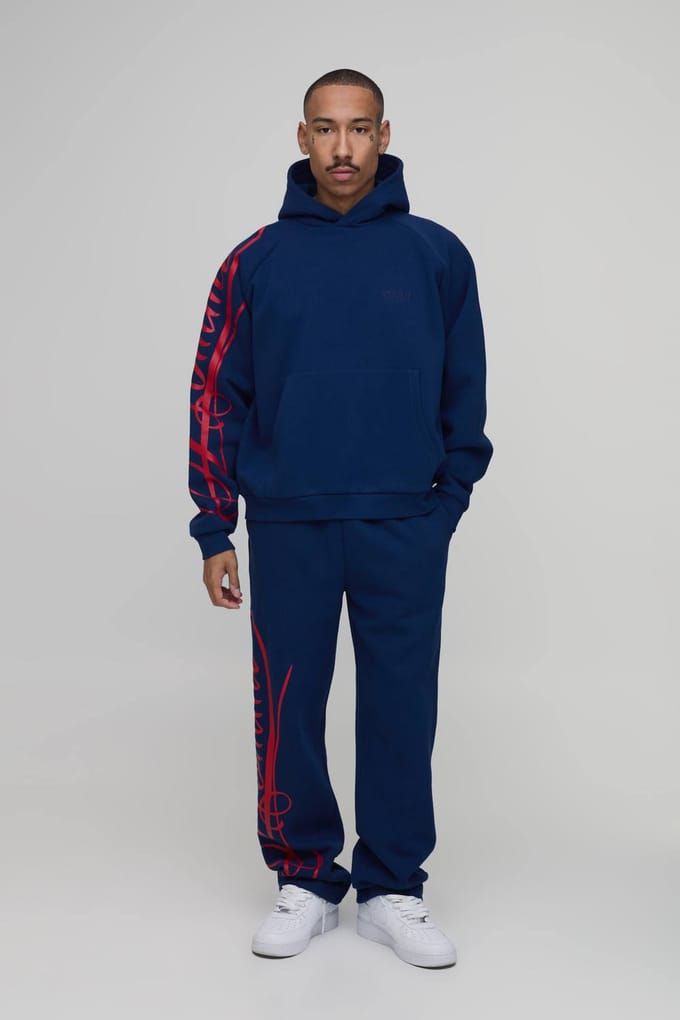 Oversized Boxy Homme Script Hoodie En Relaxed Split Zoom Jogger Trainingspak | Navy | Size Small