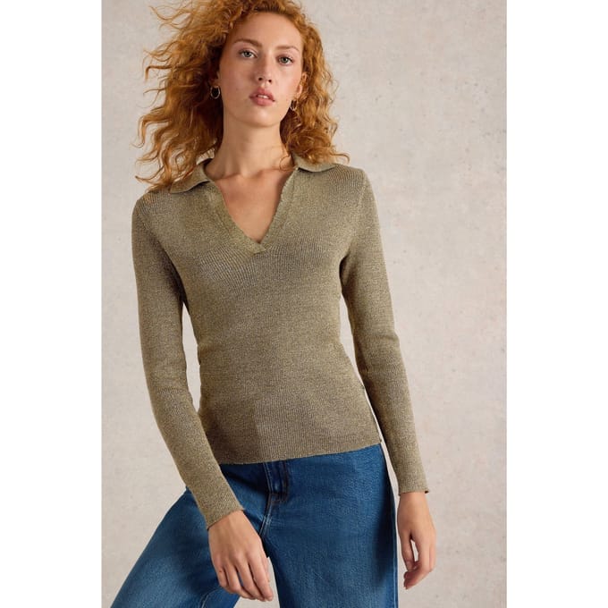 White Stuff Riley Sparkle Rib Collar Khaki Green Größe: 10 | Longsleeves Outlet | Damen | Braun