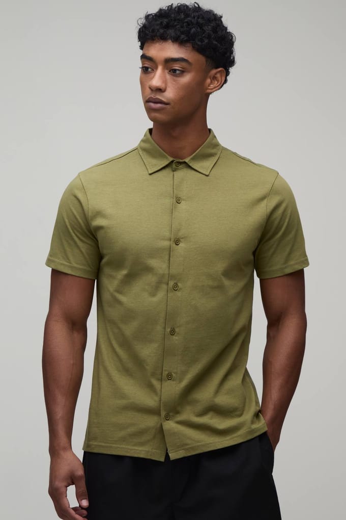 Slim Fit Jersey Overhemd Met Korte Mouwen En Reverskraag | Khaki | Size Medium