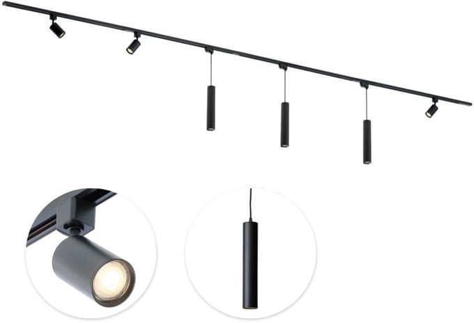Qub Focus Railverlichting - Zwart - 400 cm - I-Vorm - 3 Spots & 3 Hanglampen - Dimbaar - Complete Set