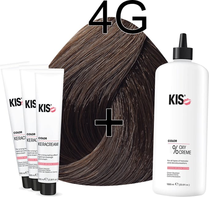 Kis KeraCream Color - 100ml - Haarverf Set - 4G Middel goudbruin | KIS - (3 x haarverf & 1L waterstofperoxide)