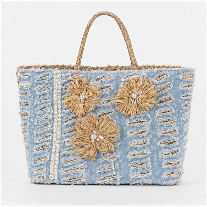 HS Grote Mand Handtas - Lichtblauw Naturel Bloemen