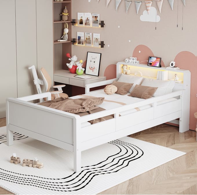 PHOEBE CAT Kinderbed - 90 x 200 cm - USB / Type-C - LED-verlichting - Eenpersoonsbed - Wit