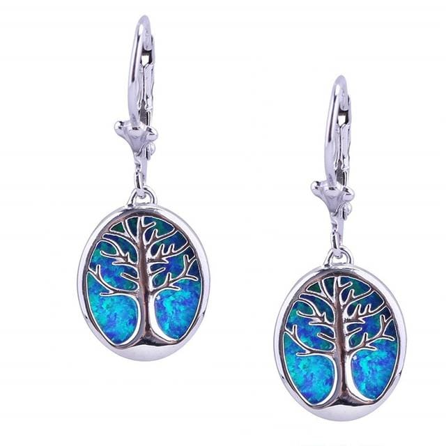 Mode Levensboom Lange Dangle Drop Oorbellen Voor Vrouwen Boho Faux Blue Fire Opal Femme Statement Sieraden Accessoires Geschenken blauw