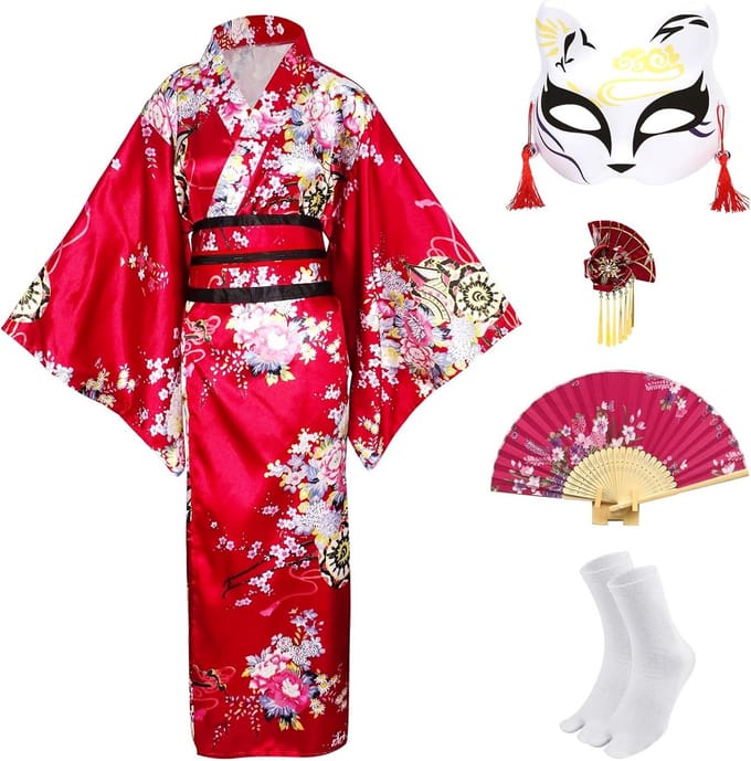 Traditionele Japanse Kimono voor Dames met Bloemprint en Obi Riem