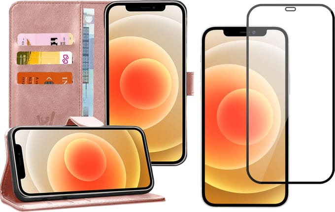 Hoesje geschikt voor iPhone 12 Pro Max - Screen Protector FullGuard - Book Case Kunstleer Pasjeshouder Rosegoud & Screenprotector