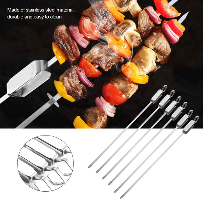 6 STuks Lange BBQ Barbecue Schuifbare Grill Kook RVS Kebab Platte Spiesjes gray