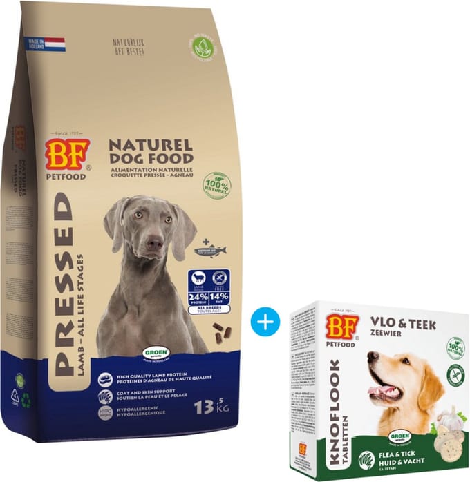 BF Petfood - Geperst Lam/Rijst Premium - 13,5 kg + vlo teek tabletten