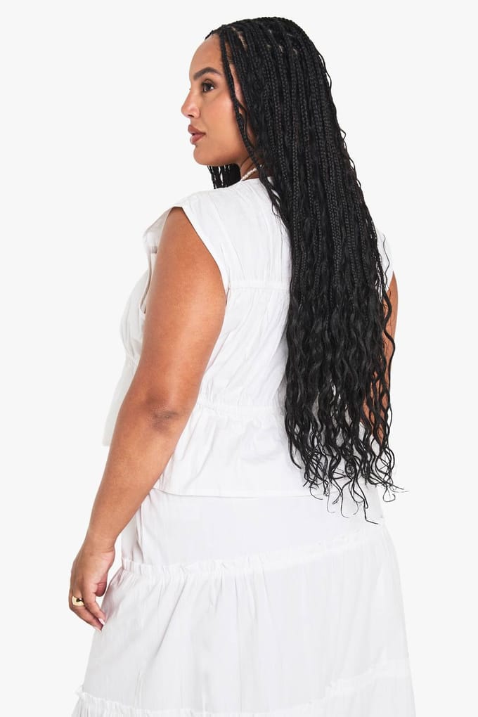 boohoo Dames Plus Katoenen Vest met Strik Vooraan | White | Maat: 26