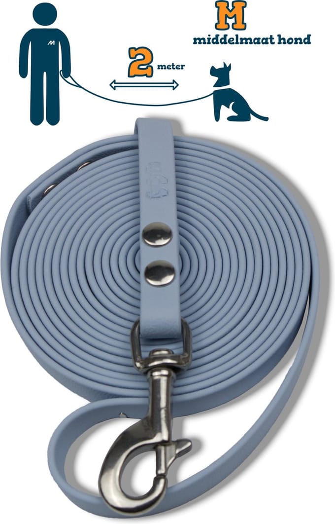 Miqdi hondenriem - BioThane ® - pastel blauw - 2 meter lang - 13 mm breed - M - middelmaat hond