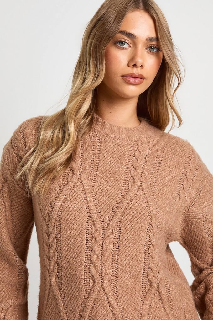 boohoo Dames Superzachte kabelgebreide trui | Taupe | Maat: Medium