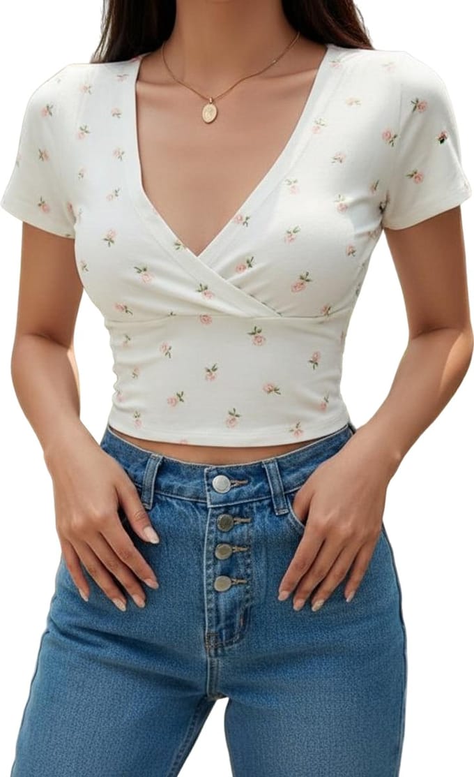 Dames T-shirt met diepe V-hals - Wit - Topje
