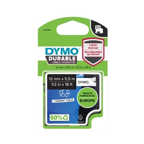 DYMO originele D1 Duurzame labels | Zwarte Tekst op Wit Label | 12 mm x 5,5 m | zelfklevende etiketten voor de LabelManager labelprinter | gemaakt in Europa
