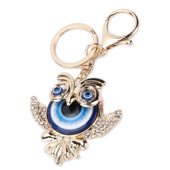 Strass Sleutelhanger Mode Sieraden Tas Portemonnee Accessoires met Uil Blauw Turks Boze Oog Hanger beige