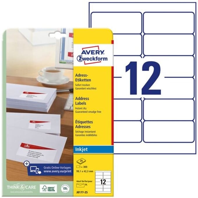 Avery J8177-25, Wit, Papier, Inkjet, 99.1 x 42.3 mm, 300 stuk(s)