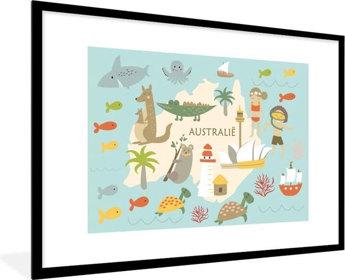 Wereldkaart Kinderen - Australië - Kleuren - Schoolplaat - Kinderkamer - 90x60 cm