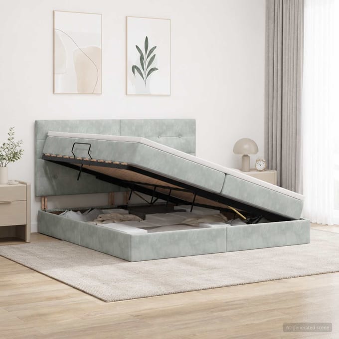vidaXL - Ottomaanse - Bed - met - Matras - en - LED - Lichtgrijs - 200 - x - 200 - cm