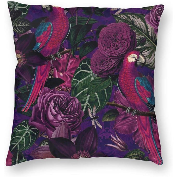 Middernacht Jungle Vogel Tropisch Botanisch Vierkant Kussensloop Polyester Linnen Fluweel Bedrukt Rits Kussensloop Huis Kussenhoes Short plush 60*60(CM)-1Pcs
