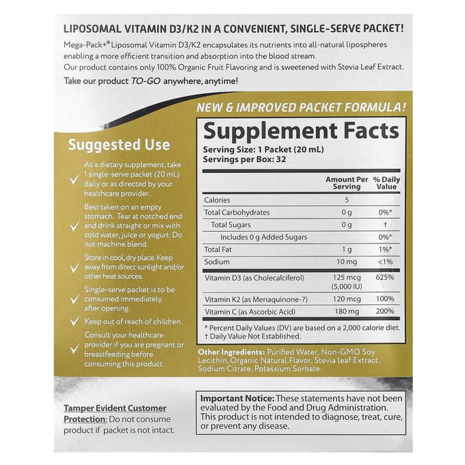 Liposomale Vitamine D3/K2, 32 Zakjes, 20 ml (0,68 fl oz) Elk