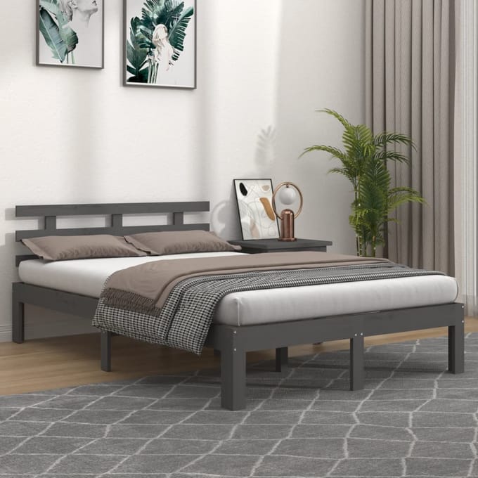 vidaXL - Bedframe - massief - hout - grijs - 150x200 - cm