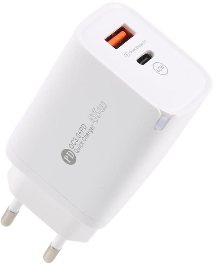 65W Snellader - USB-C PD + USB-A QC 3.0 - Quick charge oplader adapter - geschikt voor Laptop, Telefoon en Tablet - wit