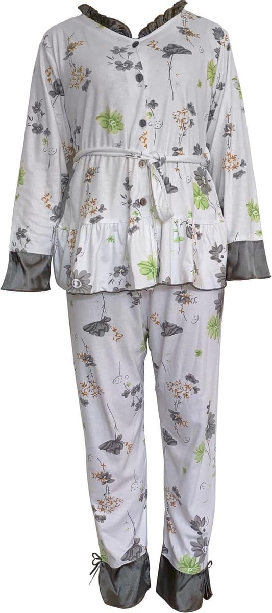 Dames pyjama gebloemd Grijs M