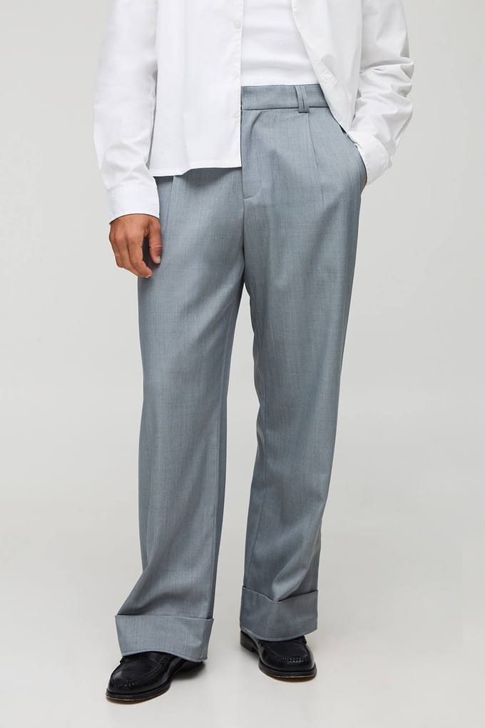 Broek met wijde pijpen, geplooide voorkant en opgerolde zoom | Light Grey | Size 30