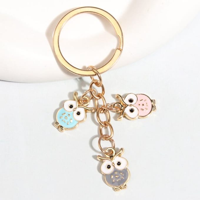 DW4Trading Sleutelhanger met Drie Uiltjes - 8x4 cm - Blauw, Roze en Grijs