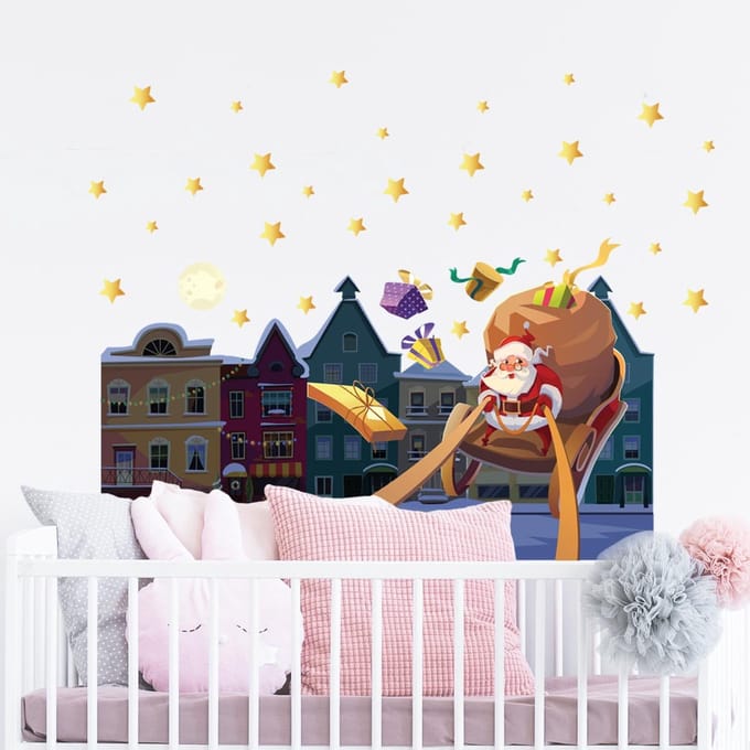 Kerststicker: Kerstman in de stad - Kerststickers - feestversiering - 110x165cm