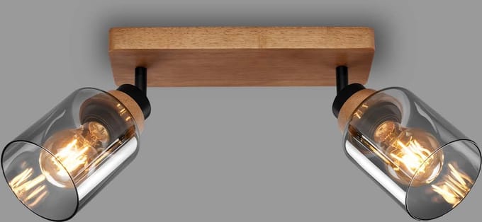 BRILONER Royk - Opbouwspot met rookglas - met hout - plafondspot met 2x E27 fitting - 28cm
