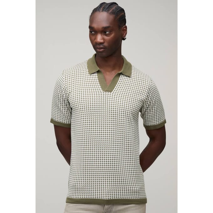 Tall Regular Fit Revere Houndstooth Knitted Polo T-Shirt | Olive | Size Medium