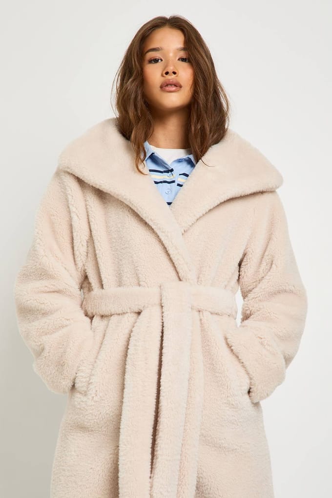 boohoo Dames Shawl-kraag met riem Borg jas | Cream | Maat: 16