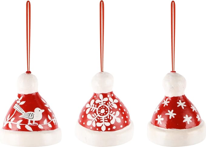 Dekoratief | Hanger mutsje m/ster/vogeltje, rood/wit, karton, 7x7x9cm, set van 3 stuks | A248195