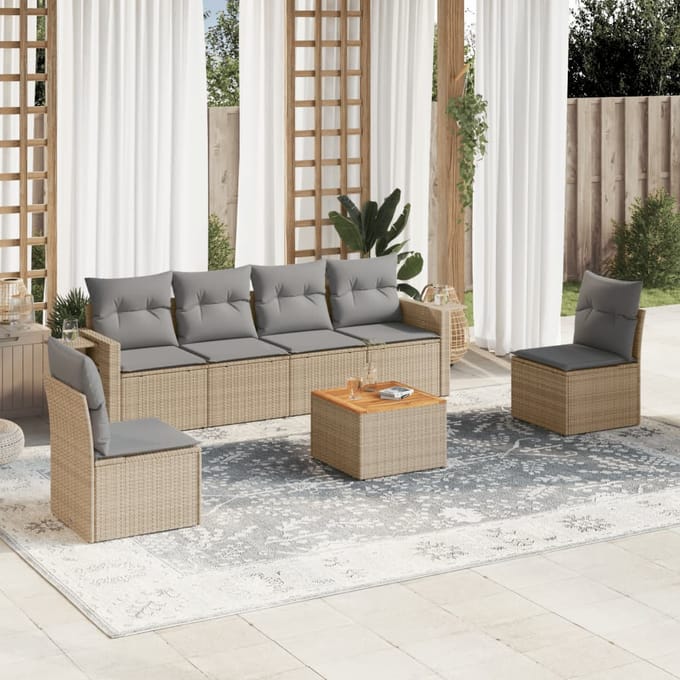 vidaXL - 7-delige - Loungeset - met - kussens - poly - rattan - beige