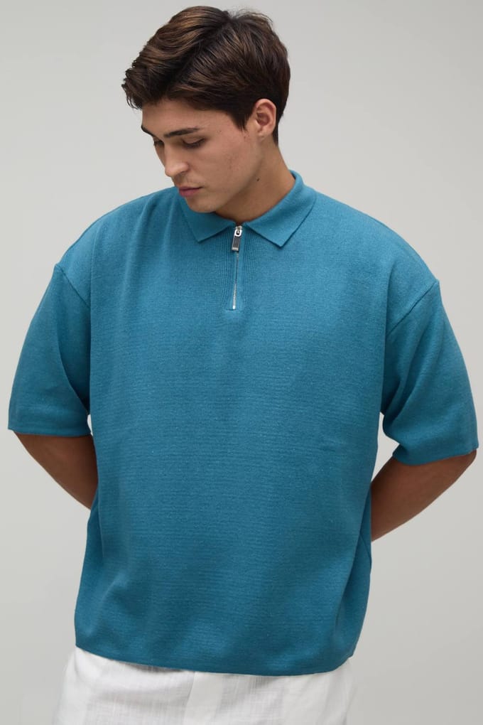 Oversized Boxy 1/4 Zip Cotton Blend Knitted Polo T-Shirt | Teal | Size Medium