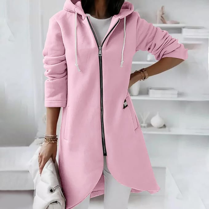 Casual losse, lange gewatteerde sweatshirtjas met rits en capuchon voor dames M roze