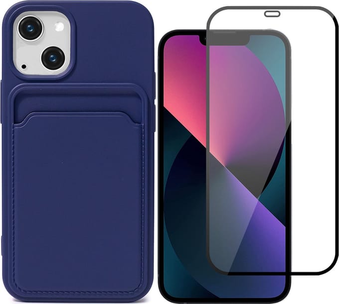 Hoesje Pasjeshouder geschikt voor iPhone 13 Mini Blauw - Siliconen Case Back Cover + Full Screen Protector Glas Screenprotector