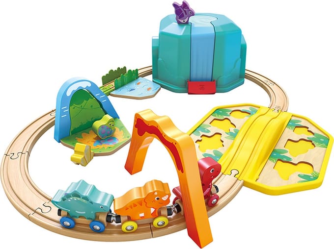 Houten treinbaan dinosaurus in opbergbox - Hape - vanaf 18 maanden