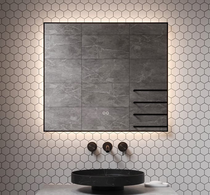 Schaere - Badkamerspiegel - Indirecte Verlichting - Spiegel Verwarming - Touch Sensor - Dimfunctie - Mat Zwart Frame - 80x70 cm
