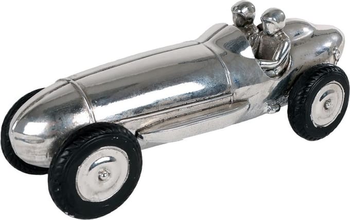 Race Car sculptuur polystone zilver decoratie speelgoedauto 25,8x9,4x9cm.
